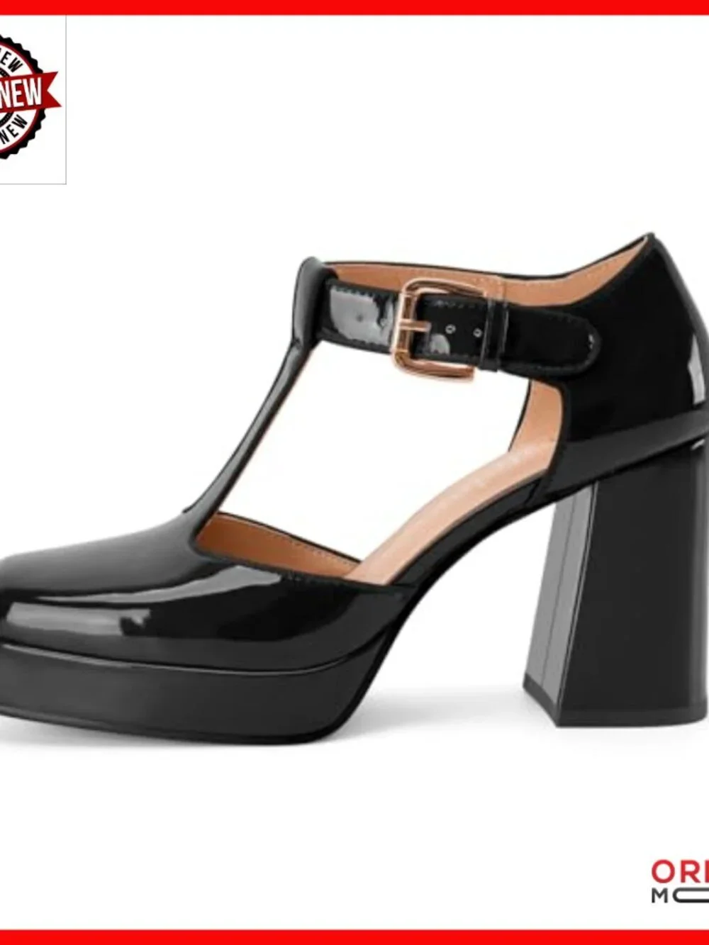 Patent Leather Platform Pumps with T-Strap Ankle Buckle Block Heel